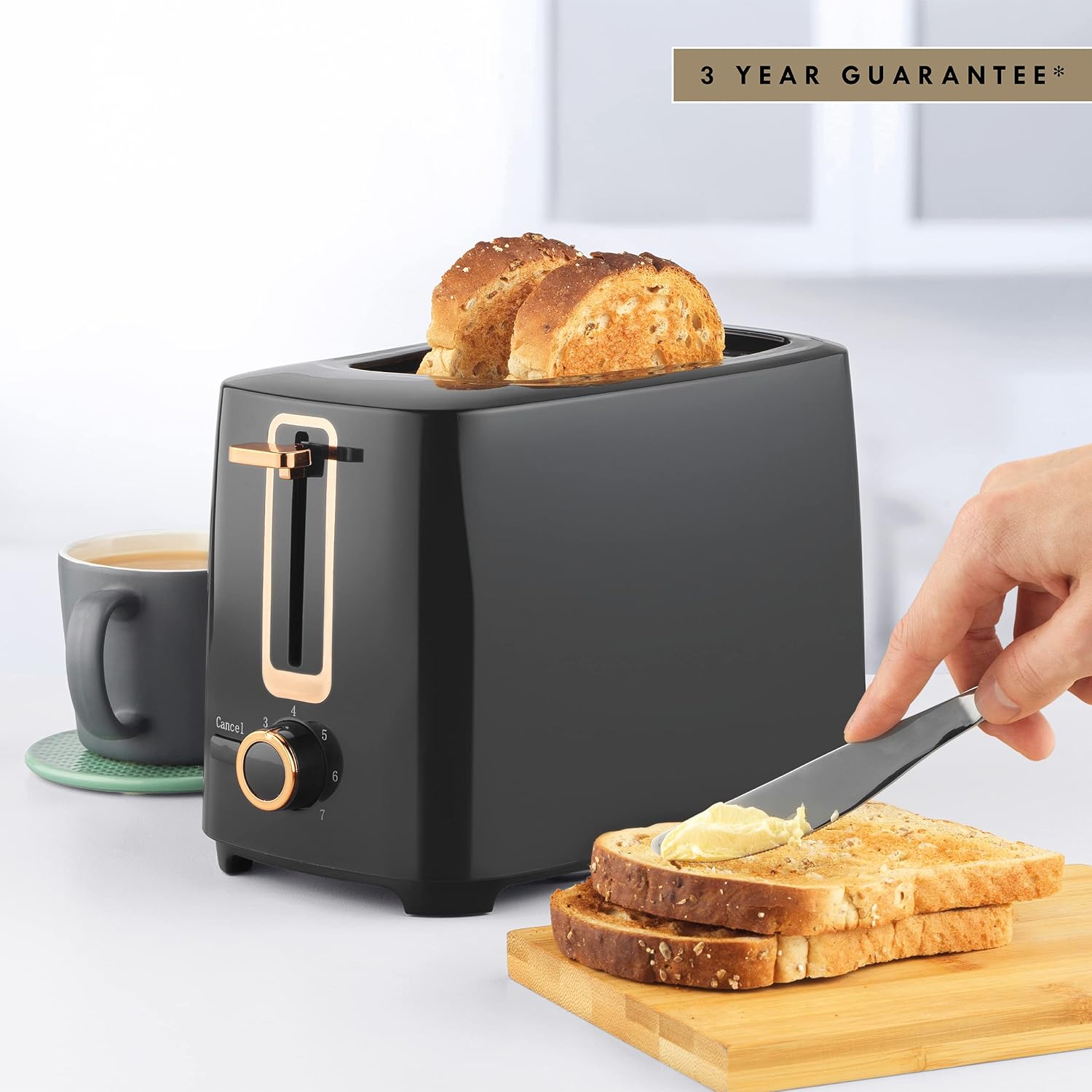 Progress EK5037P 2 - Slice Toaster – Black & Rose Gold Compact Design Toaster, Adjustable 7 Timer Browning Settings, Easy Clean Removable Crumb Tray, Cancel Function, Built - In Cord Storage, 700 W - Amazing Gadgets Outlet