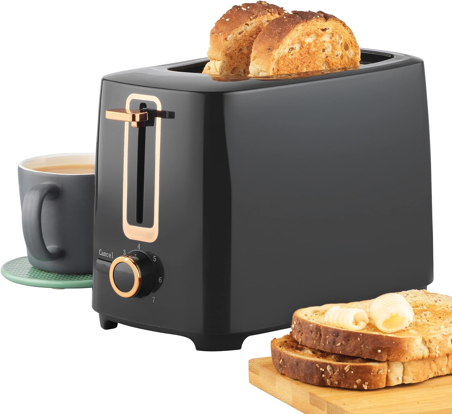 Progress EK5037P 2 - Slice Toaster – Black & Rose Gold Compact Design Toaster, Adjustable 7 Timer Browning Settings, Easy Clean Removable Crumb Tray, Cancel Function, Built - In Cord Storage, 700 W - Amazing Gadgets Outlet