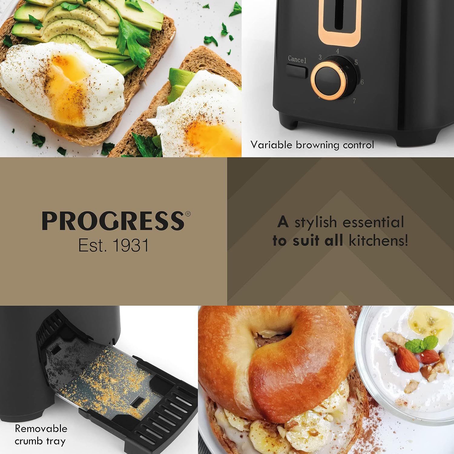 Progress EK5037P 2 - Slice Toaster – Black & Rose Gold Compact Design Toaster, Adjustable 7 Timer Browning Settings, Easy Clean Removable Crumb Tray, Cancel Function, Built - In Cord Storage, 700 W - Amazing Gadgets Outlet