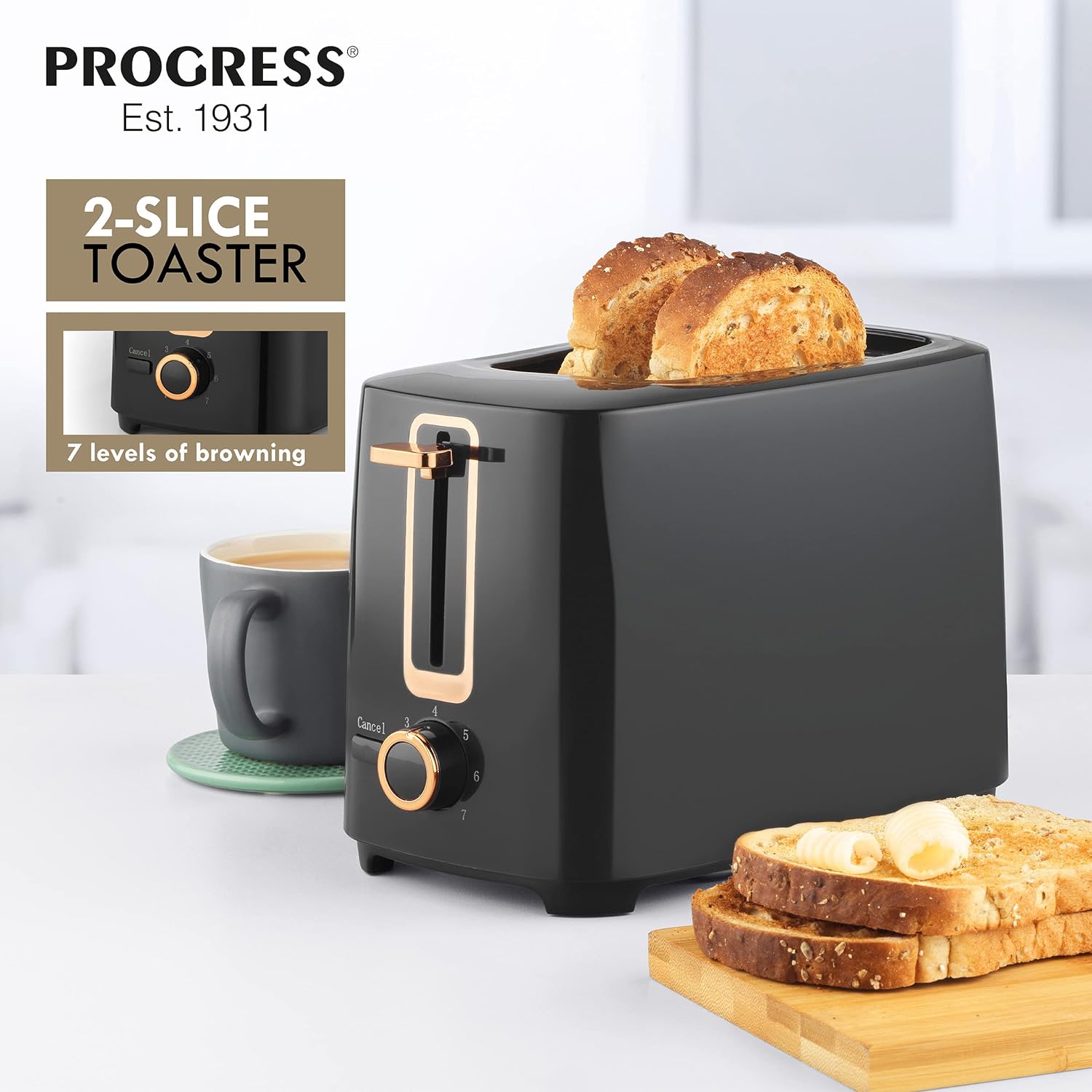 Progress EK5037P 2 - Slice Toaster – Black & Rose Gold Compact Design Toaster, Adjustable 7 Timer Browning Settings, Easy Clean Removable Crumb Tray, Cancel Function, Built - In Cord Storage, 700 W - Amazing Gadgets Outlet