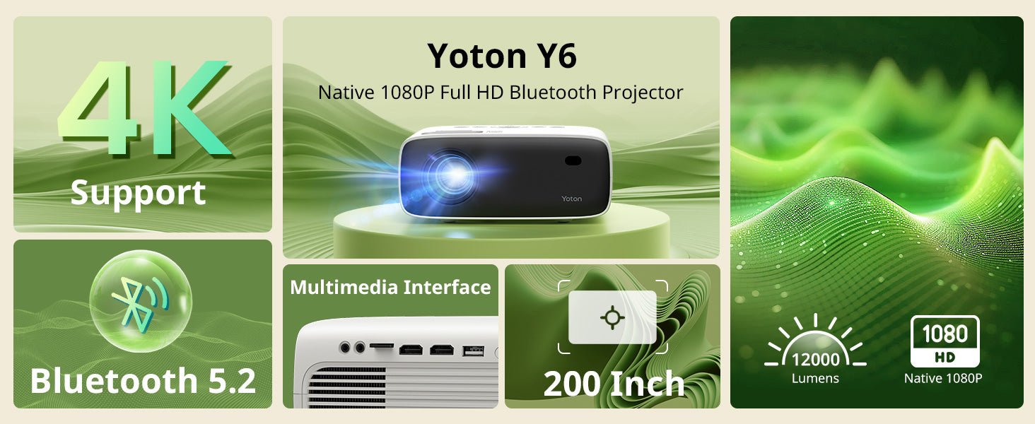 Projector 4K, YOTON Y6 1080P Native 12000 Lux, 2024 Upgraded Bluetooth 5.2 Mini Projector with Tripod, Portable Home Video Movie Projector Compatible with iOS/Android/Tablet/HDMI/USB/AV/TV/SD card - Amazing Gadgets Outlet