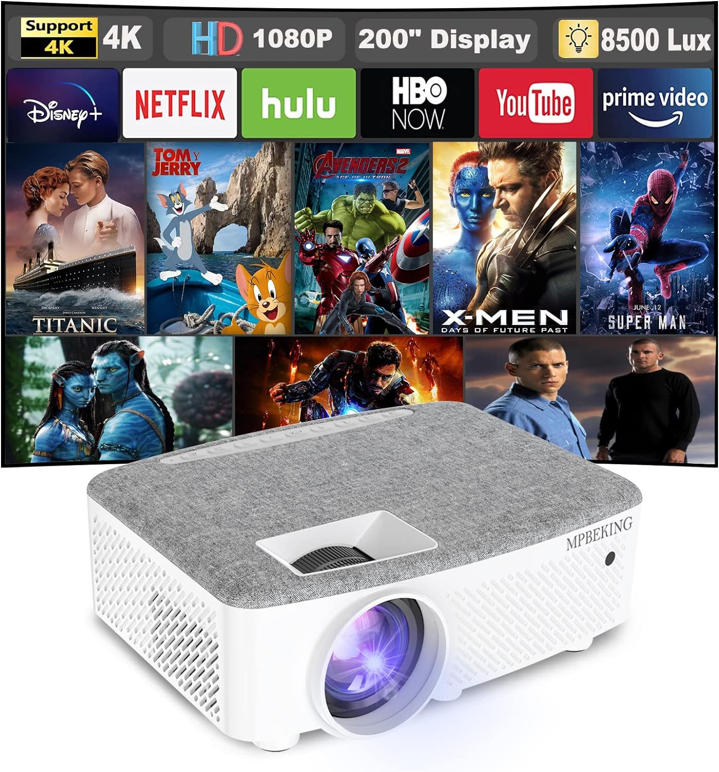 Projector, Portable Video Projector HD 1080P Supported, Home Projector 8500 Lumens 200''Display for TV Stick, Home Theatre, Android/iOS - Amazing Gadgets Outlet