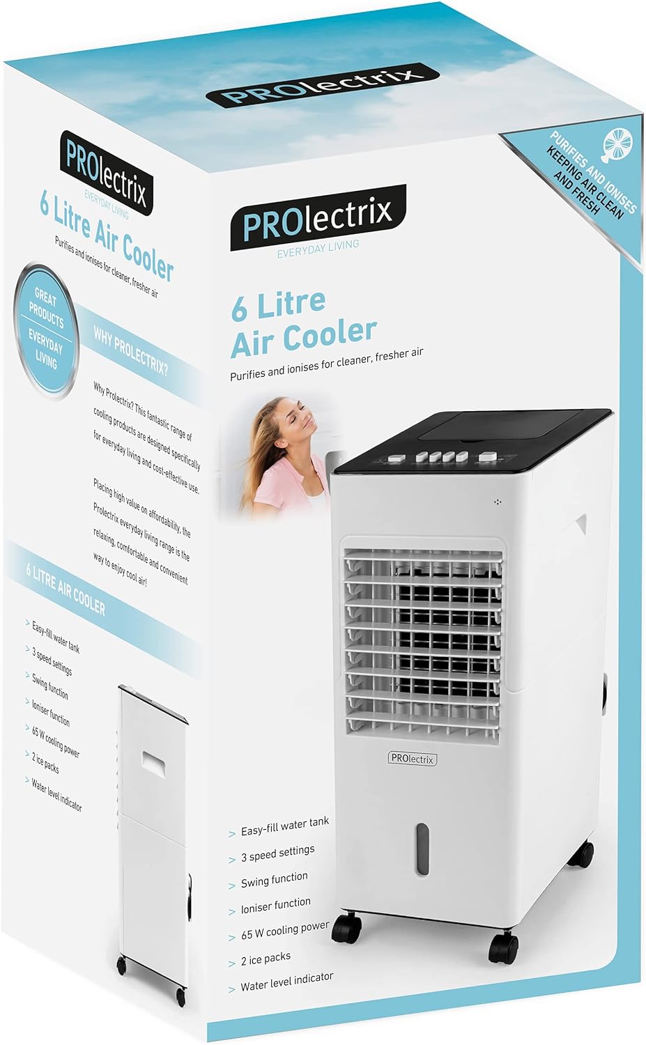 Prolectrix EH3187PRO Digital Air Cooler - 6L, Portable Air Conditioner, Purifying Air Humidifier, 3 Speeds & Ioniser, Evaporative Cooling Fan, Water Level Indicator, Rotating Swing Function, 65W - Amazing Gadgets Outlet