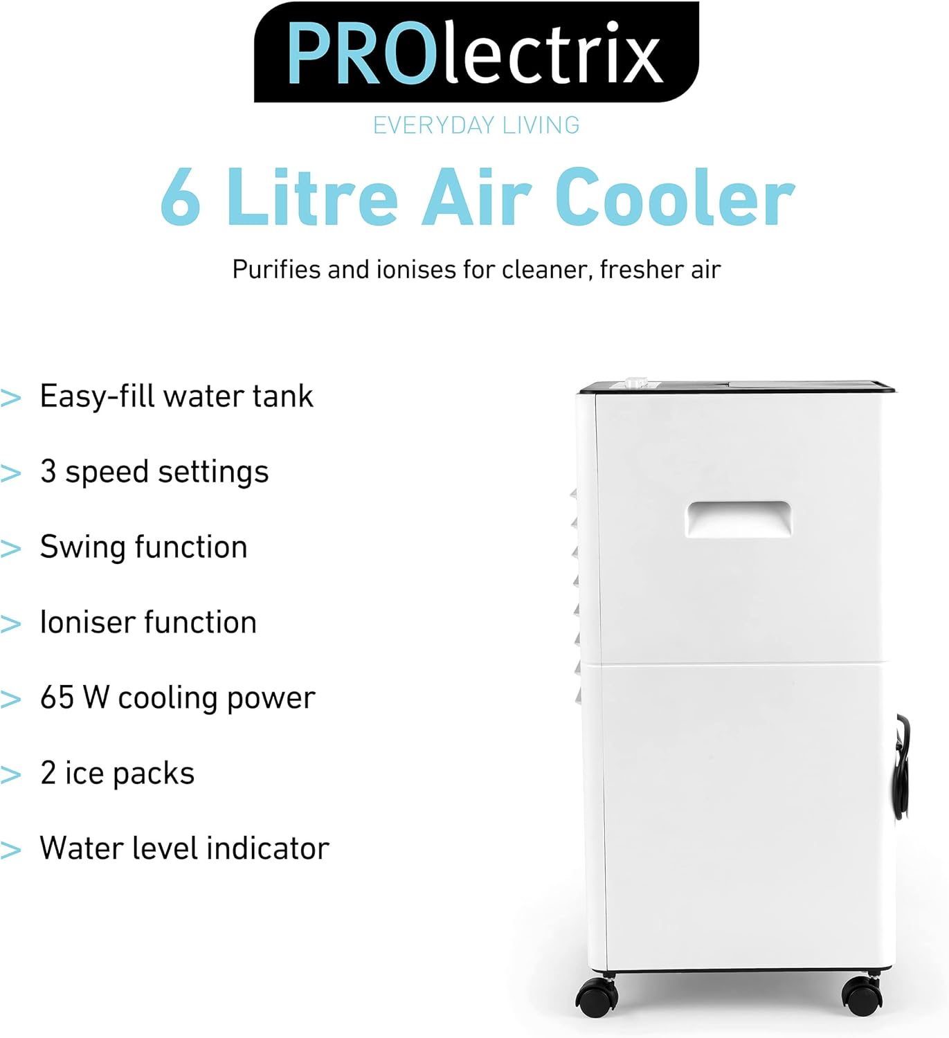 Prolectrix EH3187PRO Digital Air Cooler - 6L, Portable Air Conditioner, Purifying Air Humidifier, 3 Speeds & Ioniser, Evaporative Cooling Fan, Water Level Indicator, Rotating Swing Function, 65W - Amazing Gadgets Outlet