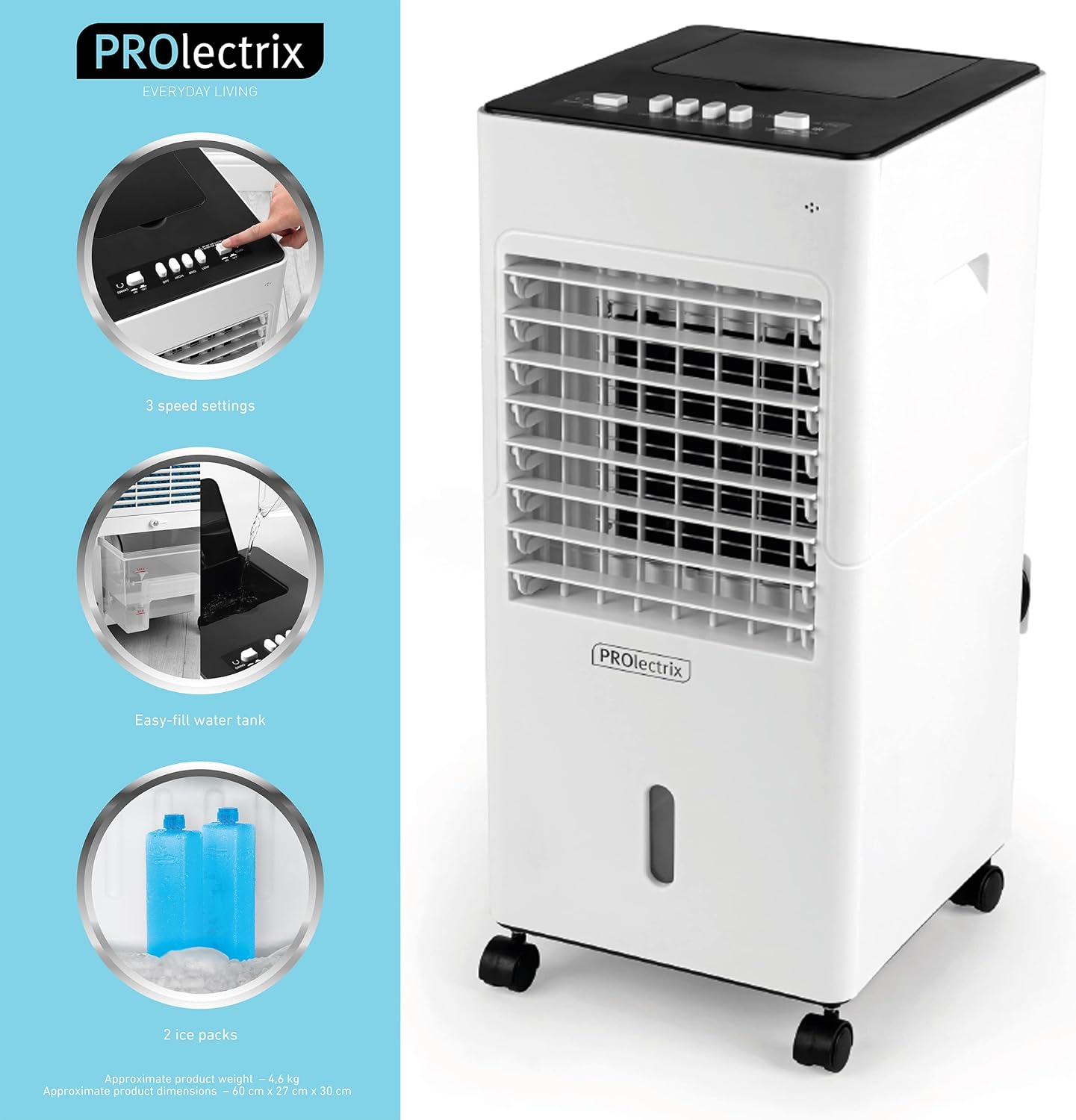 Prolectrix EH3187PRO Digital Air Cooler - 6L, Portable Air Conditioner, Purifying Air Humidifier, 3 Speeds & Ioniser, Evaporative Cooling Fan, Water Level Indicator, Rotating Swing Function, 65W - Amazing Gadgets Outlet