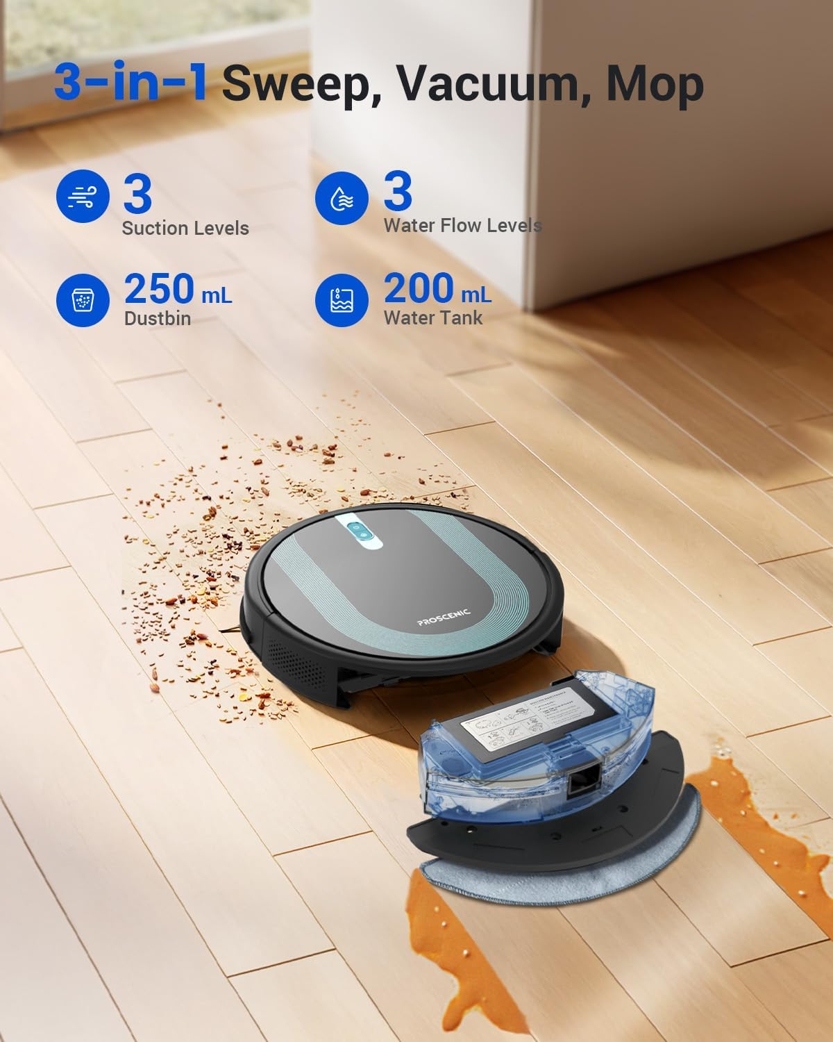 Proscenic 850T Robot Vacuum Cleaner with Mop, 3000Pa Strong Suction Robotic Vacuum with Mop, Wifi/App/Alexa/Remote Control, Automatic Self - Charging, Ideal for Pet Hair, Hard Floor&Carpet, 7.3cm Thin - Amazing Gadgets Outlet