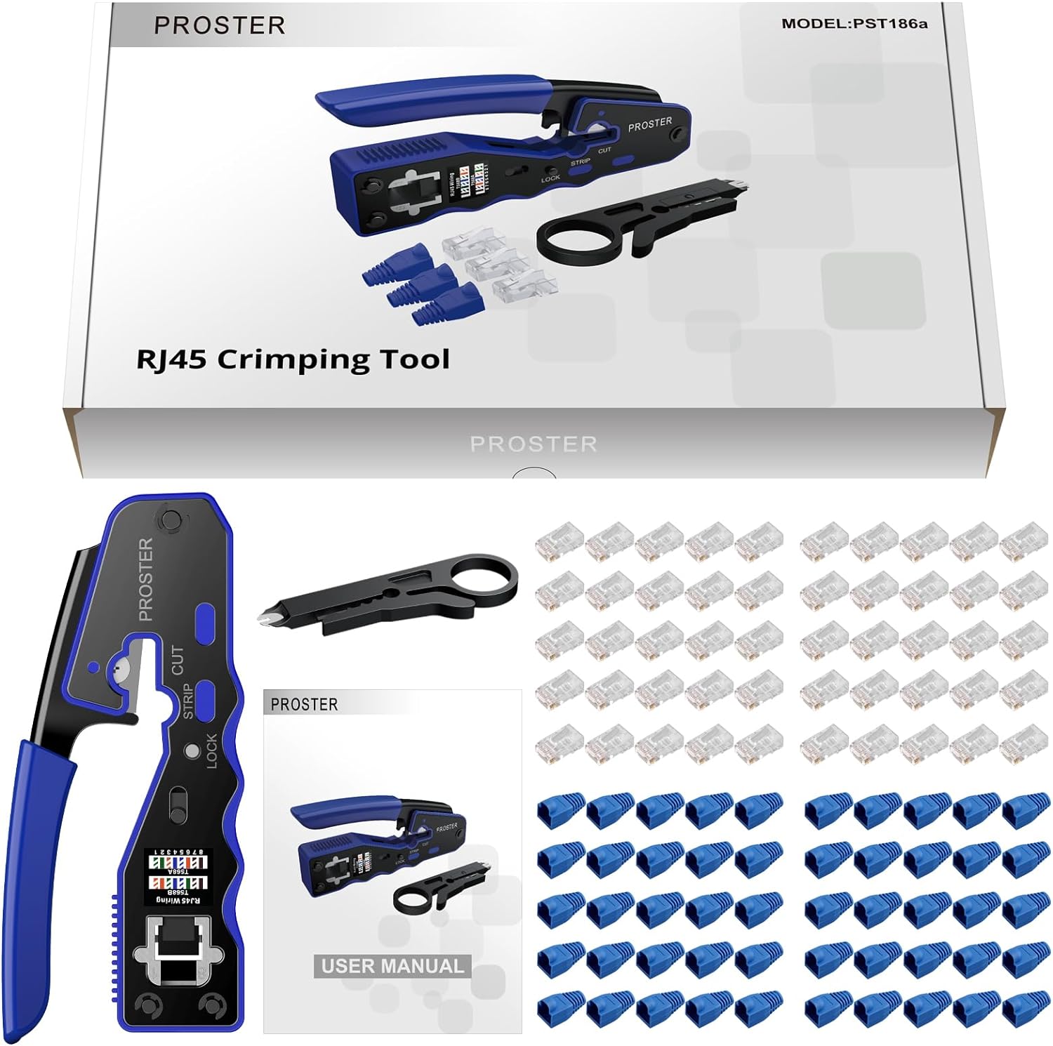 Proster RJ45 Crimp Tool Set All - in - one RJ45 Crimping Tool Kit with 50 PCS CAT6 Pass Through Connectors 50 PCS RJ45 Cat6 Protection Covers RJ45 Pass Through Crimp Tool - Amazing Gadgets Outlet