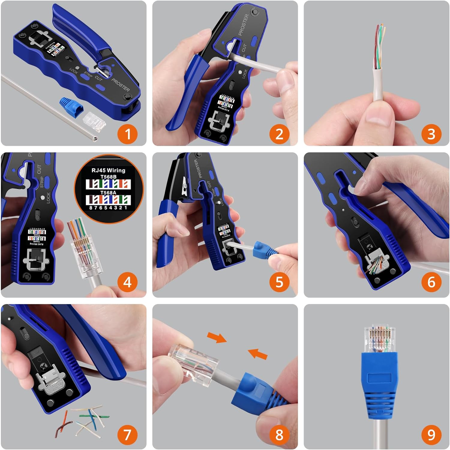 Proster RJ45 Crimp Tool Set All - in - one RJ45 Crimping Tool Kit with 50 PCS CAT6 Pass Through Connectors 50 PCS RJ45 Cat6 Protection Covers RJ45 Pass Through Crimp Tool - Amazing Gadgets Outlet