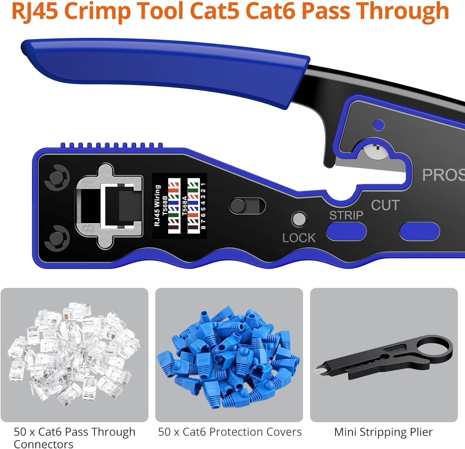 Proster RJ45 Crimp Tool Set All - in - one RJ45 Crimping Tool Kit with 50 PCS CAT6 Pass Through Connectors 50 PCS RJ45 Cat6 Protection Covers RJ45 Pass Through Crimp Tool - Amazing Gadgets Outlet