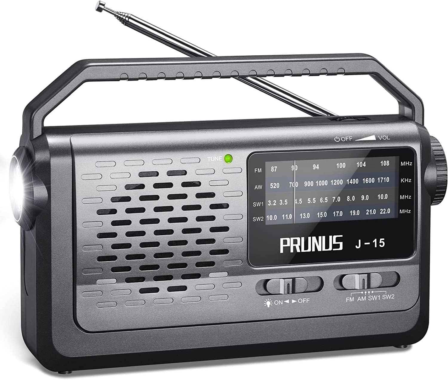 PRUNUS J - 15 Portable Radio Mains and Battery, SW AM FM Radio Battery Operated by 3x D Cell Battery or AC Power, Transistor Radio with 3W Large Speaker, Flashlight for Emergencies. - Amazing Gadgets Outlet