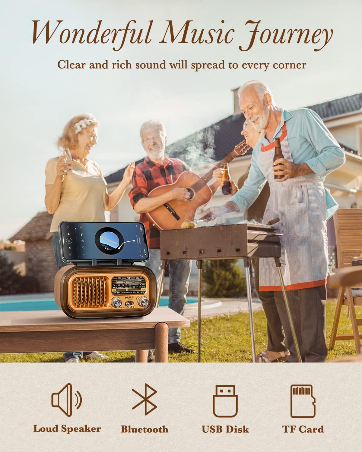 PRUNUS J - 150 Portable Radio Retro, AM/FM/SW Small Radio Bluetooth, Battery Radio Powered by 1200mAh Rechargeable or D - Cell Batteries, with Solar Panel, Solar radio Supports USB/TF Card Function - Amazing Gadgets Outlet