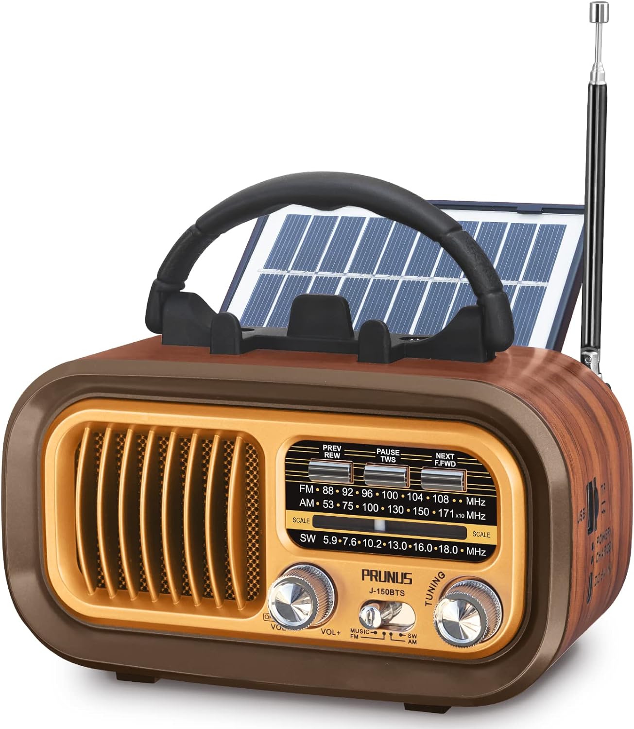 PRUNUS J - 150 Portable Radio Retro, AM/FM/SW Small Radio Bluetooth, Battery Radio Powered by 1200mAh Rechargeable or D - Cell Batteries, with Solar Panel, Solar radio Supports USB/TF Card Function - Amazing Gadgets Outlet