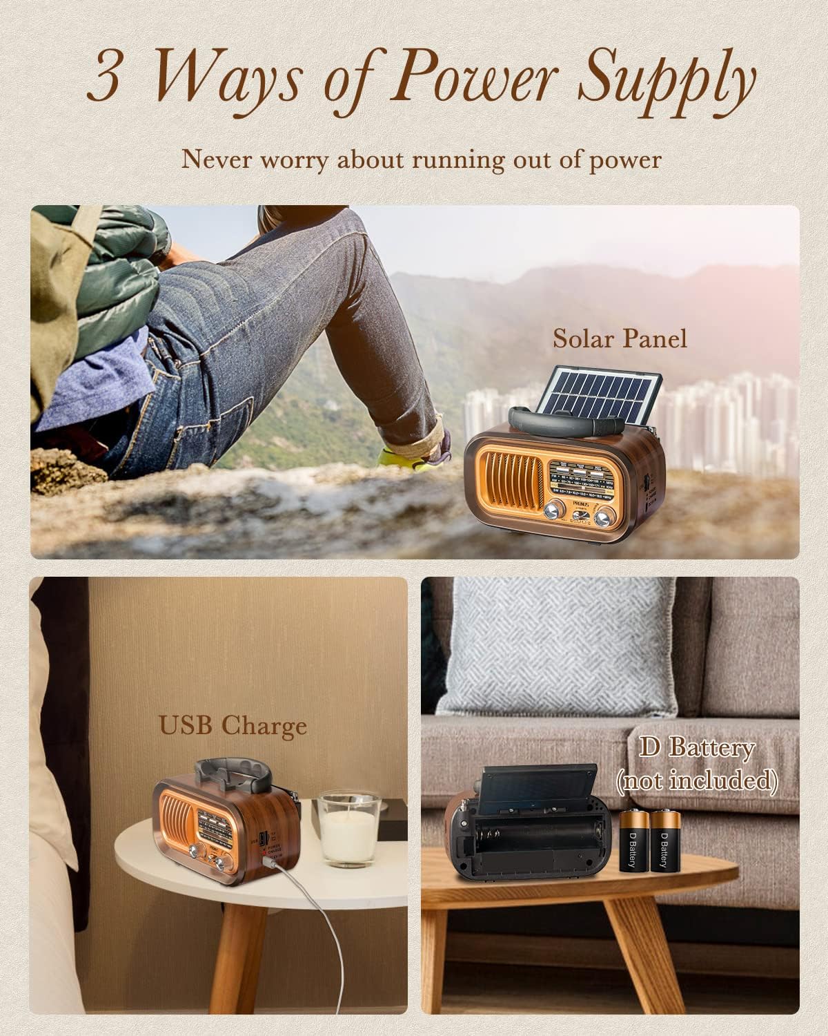 PRUNUS J - 150 Portable Radio Retro, AM/FM/SW Small Radio Bluetooth, Battery Radio Powered by 1200mAh Rechargeable or D - Cell Batteries, with Solar Panel, Solar radio Supports USB/TF Card Function - Amazing Gadgets Outlet