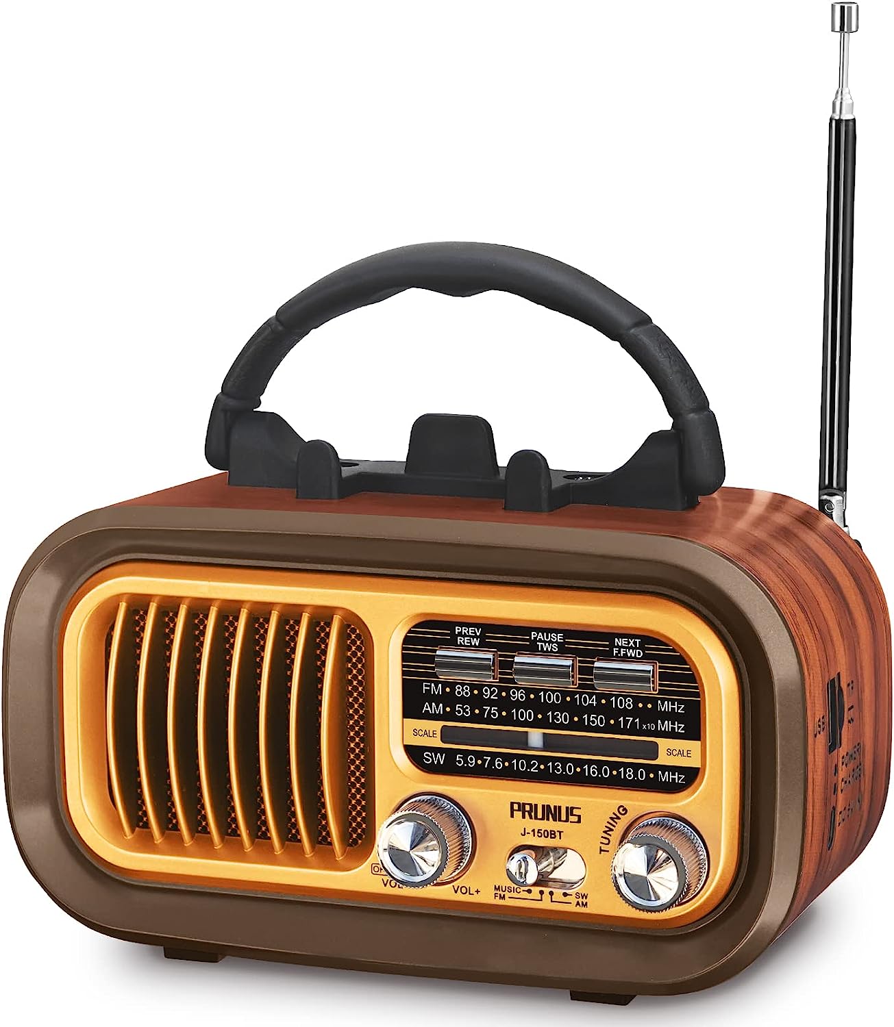 PRUNUS J - 150 Portable Radio Retro, AM/FM/SW Small Radio Bluetooth, Battery Radio Powered by 1200mAh Rechargeable or D - Cell Batteries, with Solar Panel, Solar radio Supports USB/TF Card Function - Amazing Gadgets Outlet