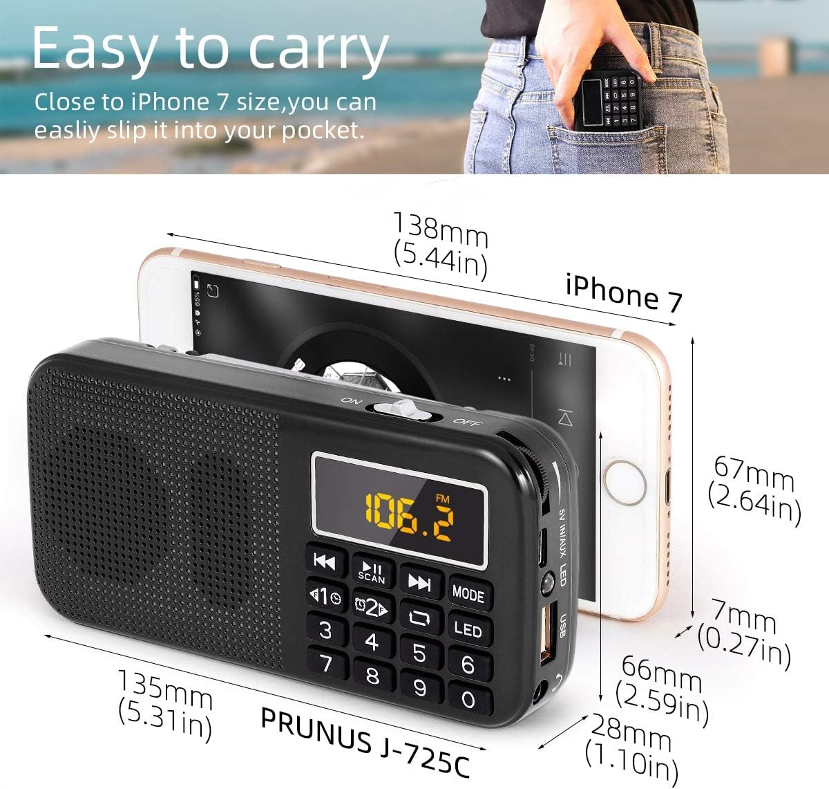 PRUNUS J - 725 Rechargeable Radio Portable, FM Radio Alarm Clock, Small Radio with 3000mAh Rechargeable Battery. Battery Operated Radio Digital support SD USB MP3 AUX Player and Emergency Flashlight. - Amazing Gadgets Outlet