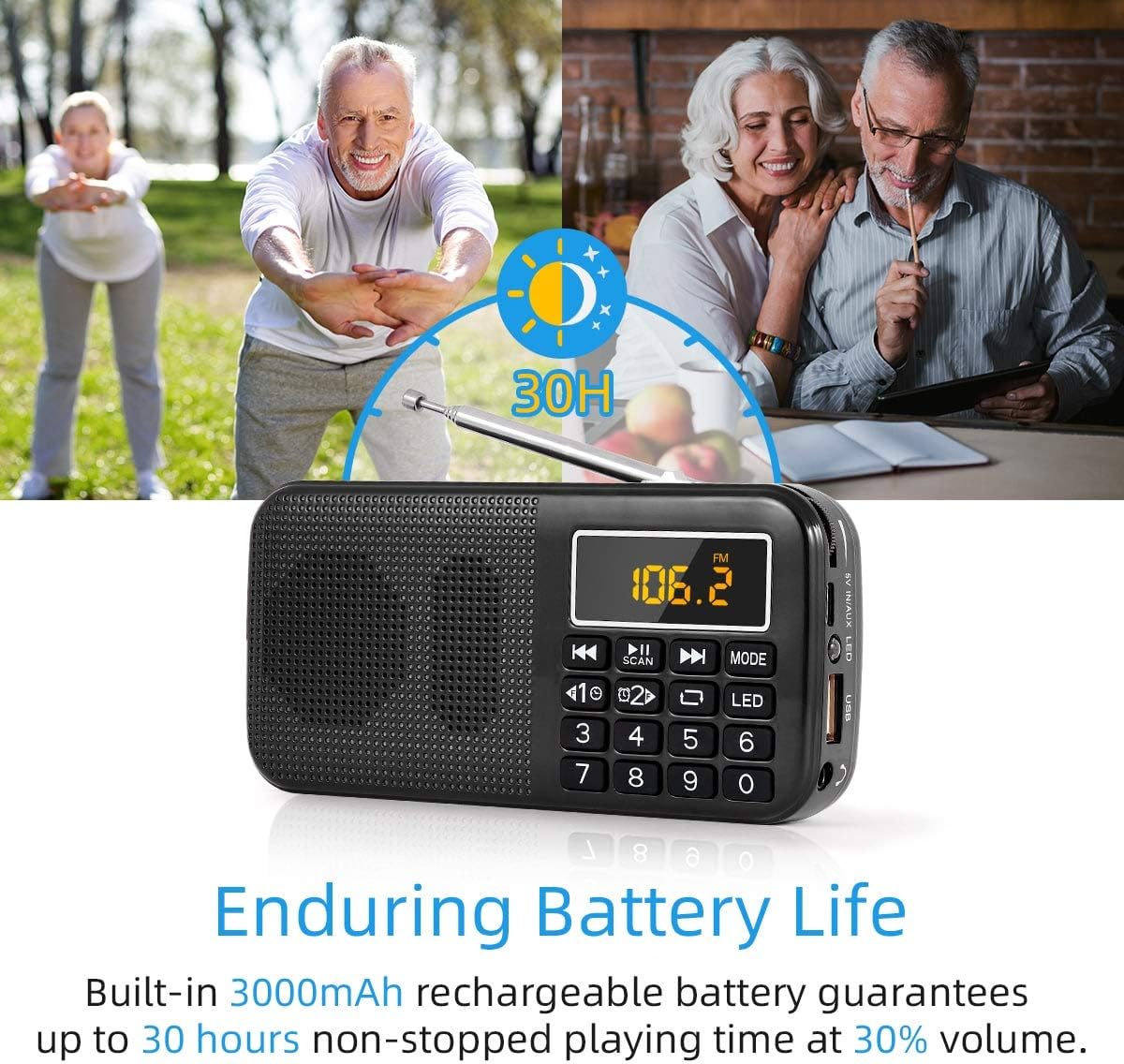 PRUNUS J - 725 Rechargeable Radio Portable, FM Radio Alarm Clock, Small Radio with 3000mAh Rechargeable Battery. Battery Operated Radio Digital support SD USB MP3 AUX Player and Emergency Flashlight. - Amazing Gadgets Outlet