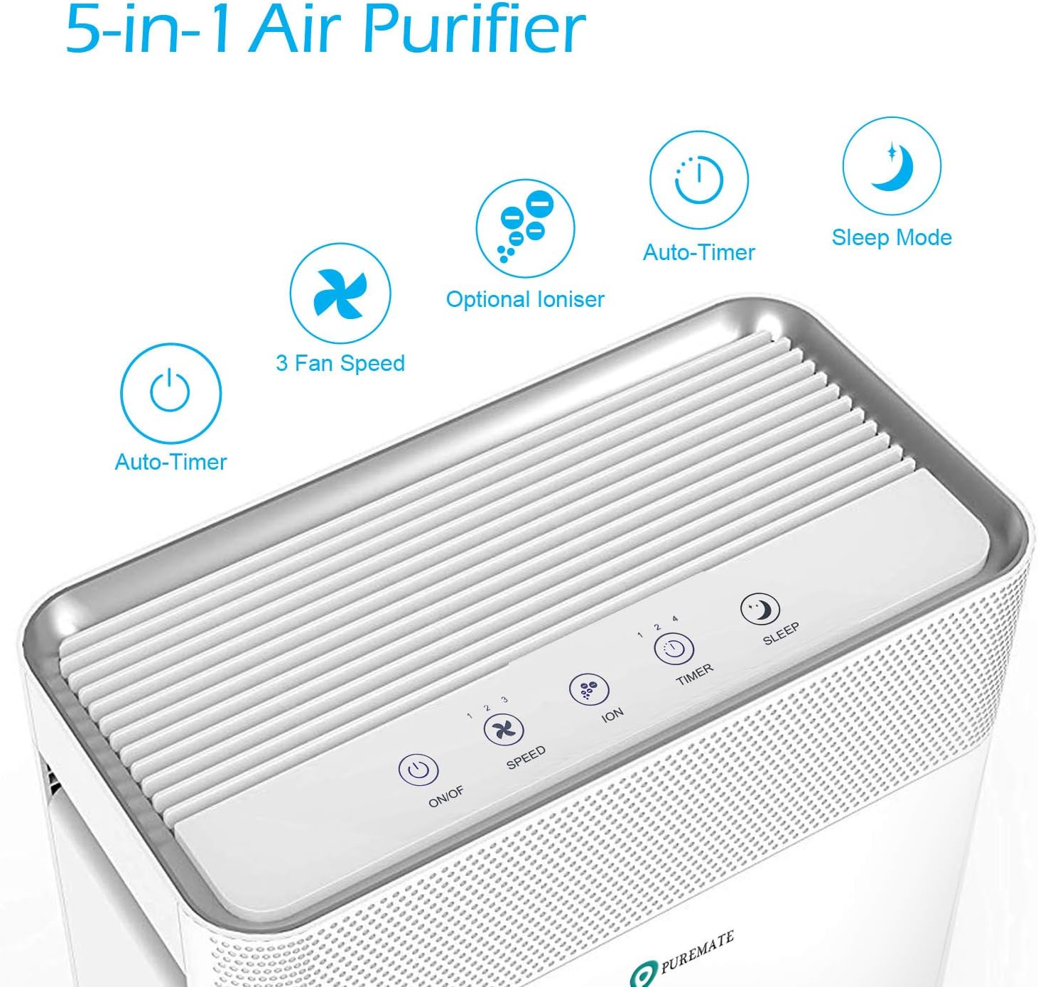 PureMate Air Purifier for Home 5 in1 with Ioniser and Sleep Mode - True HEPA Filter & Active Carbon, Removes Germs & Viruses, Allergies & Asthma, Pollen, Dust, Smokers, Hay Fever, Pets Dander - Amazing Gadgets Outlet