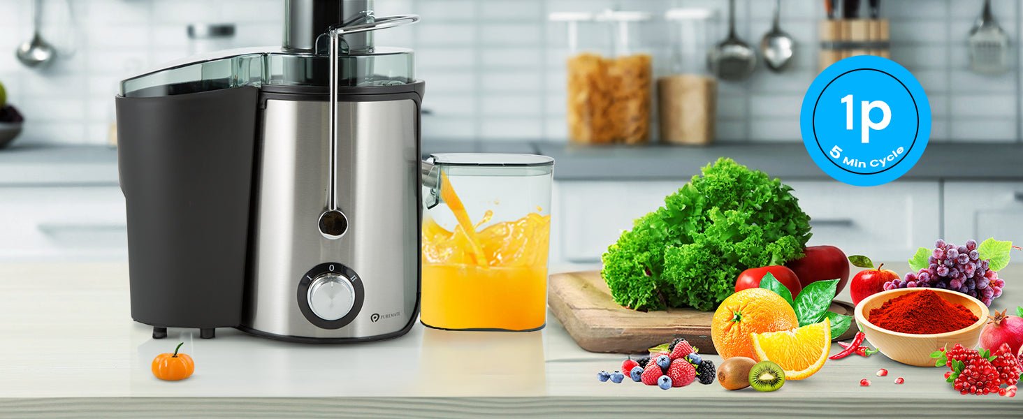 PureMate Juicer Machines, 600W Whole Fruit and Vegetable Juice Extractor, Centrifugal Juicer Machine, Stainless Steel Juicer with Two Speed Settings, BPA - Free, Easy Clean - Amazing Gadgets Outlet