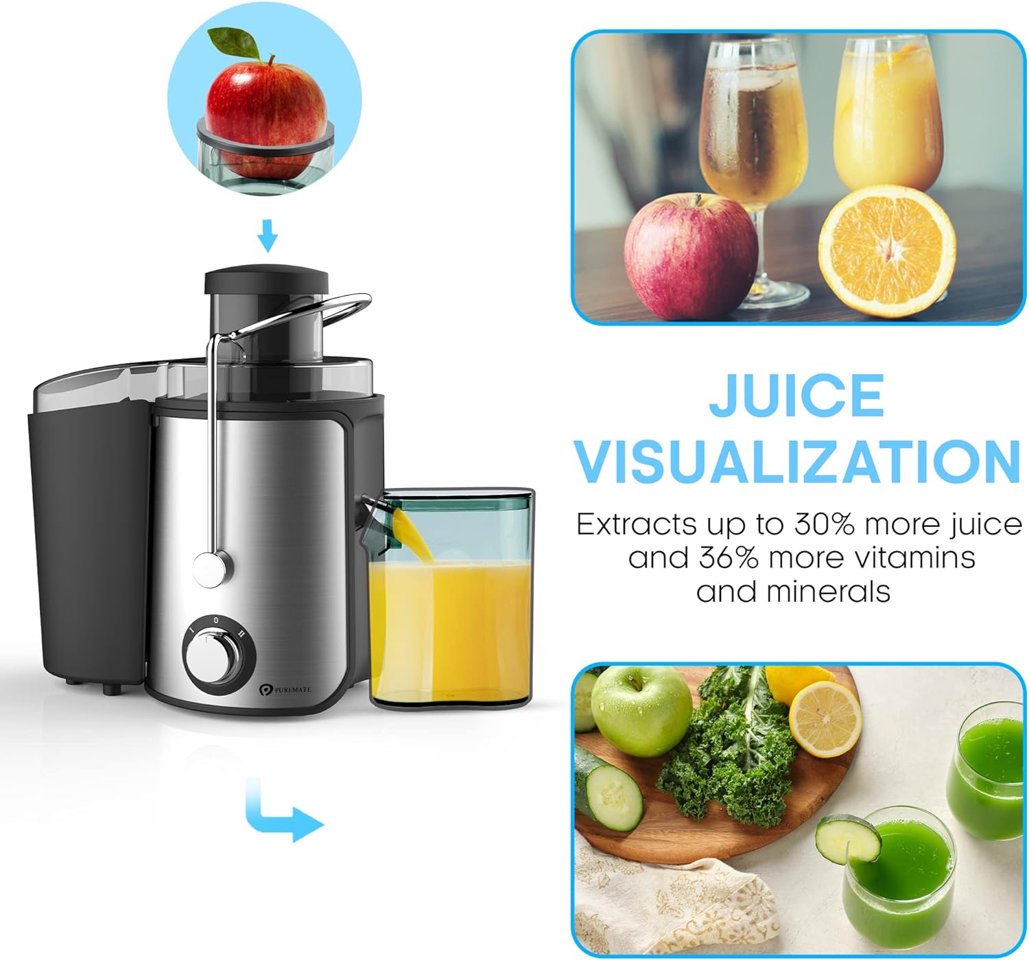 PureMate Juicer Machines, 600W Whole Fruit and Vegetable Juice Extractor, Centrifugal Juicer Machine, Stainless Steel Juicer with Two Speed Settings, BPA - Free, Easy Clean - Amazing Gadgets Outlet