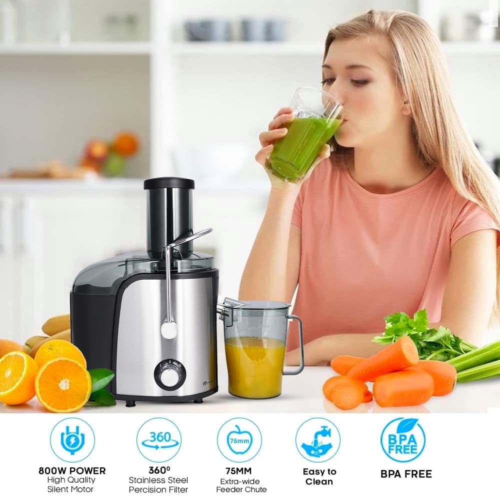 PureMate Juicer Machines, 800W Powerful Juicer Extractor Quick Juicing for Whole Fruit and Vegetable, BPA - Free with 2 Speed Settings, Easy to Clean & 75MM Large Feed Chute, Centrifugal Juicer Machine - Amazing Gadgets Outlet