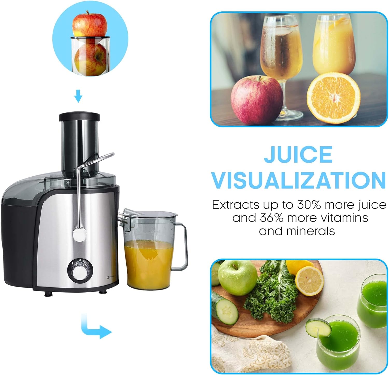 PureMate Juicer Machines, 800W Powerful Juicer Extractor Quick Juicing for Whole Fruit and Vegetable, BPA - Free with 2 Speed Settings, Easy to Clean & 75MM Large Feed Chute, Centrifugal Juicer Machine - Amazing Gadgets Outlet