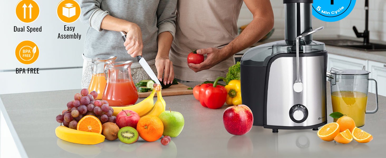 PureMate Juicer Machines, 800W Powerful Juicer Extractor Quick Juicing for Whole Fruit and Vegetable, BPA - Free with 2 Speed Settings, Easy to Clean & 75MM Large Feed Chute, Centrifugal Juicer Machine - Amazing Gadgets Outlet