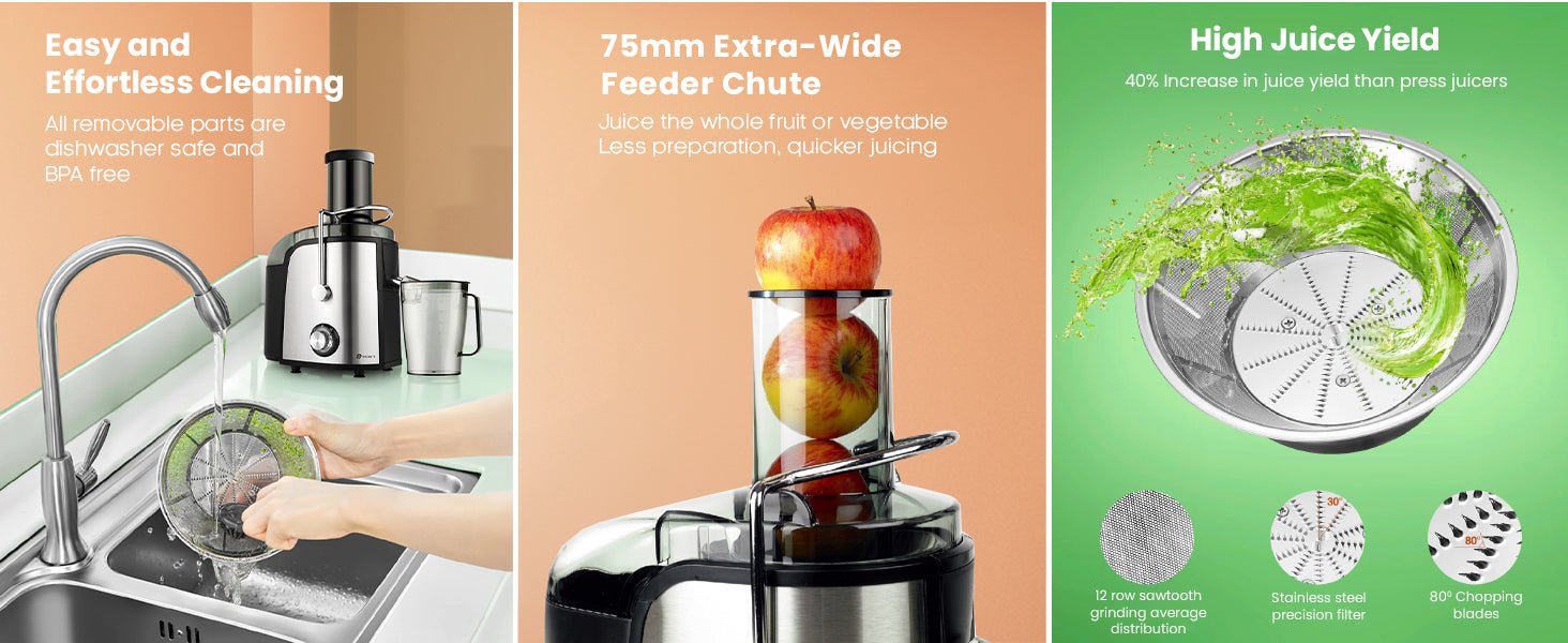 PureMate Juicer Machines, 800W Powerful Juicer Extractor Quick Juicing for Whole Fruit and Vegetable, BPA - Free with 2 Speed Settings, Easy to Clean & 75MM Large Feed Chute, Centrifugal Juicer Machine - Amazing Gadgets Outlet