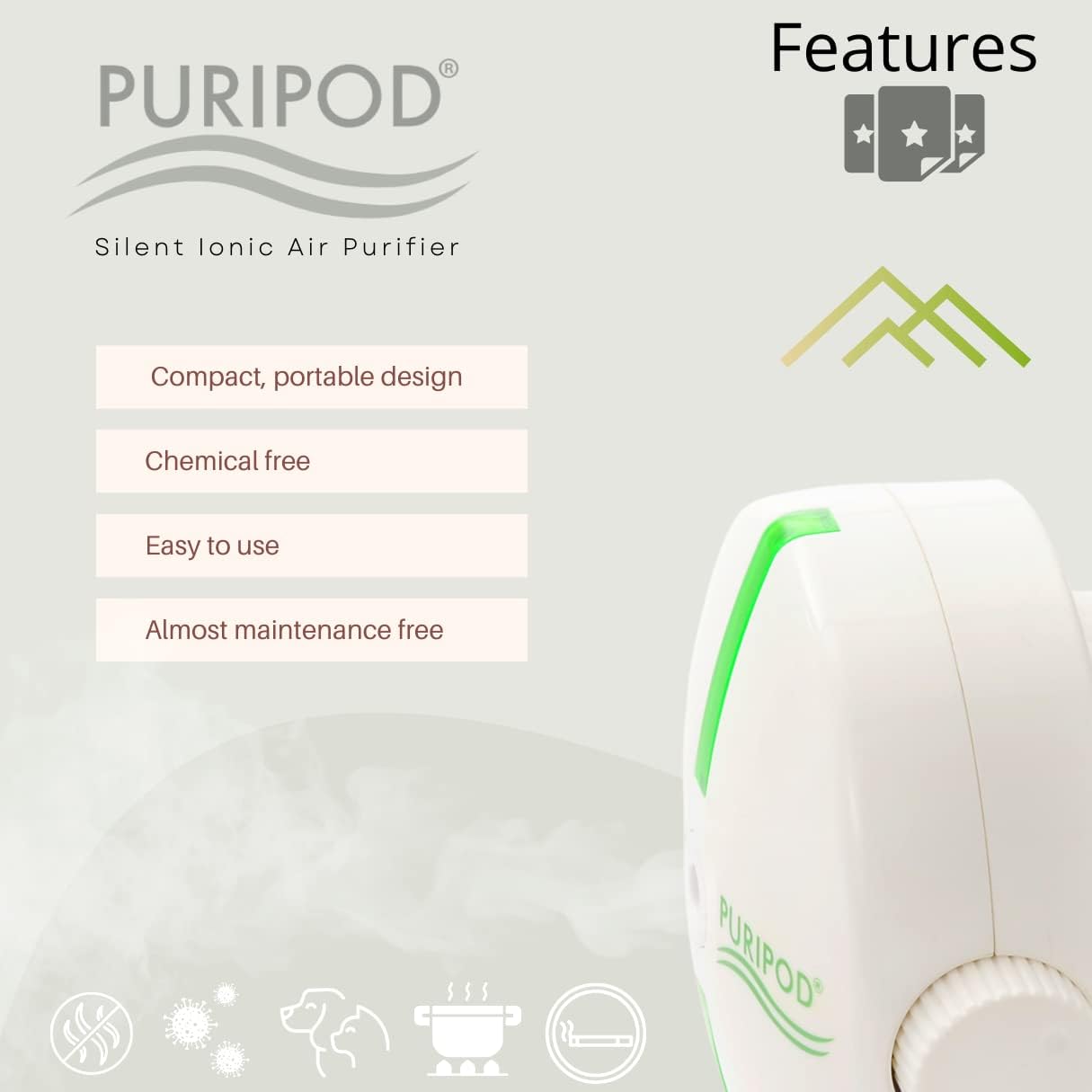 PURIPOD Air Purifier for home hepa filter, Mini Air Cleaner, Clean & Fresh Air, Against Pollen, Dust, Allergens, Smoke, Purifiers for Smokers, Pet Dander, Cooking Smell - Amazing Gadgets Outlet