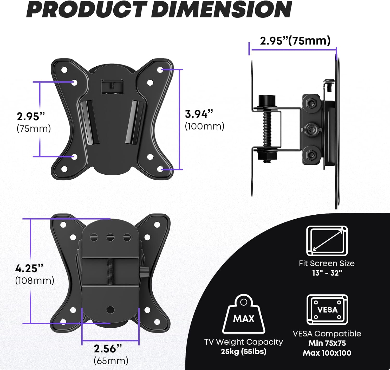 PUTORSEN 13 - 30 32 inch TV Wall Bracket(32 inch Only fits VESA 100x100mm), Tilt Swivel Wall TV bracket for LCD LED Screens & Monitors, TV Monitor Wall Mount, VESA 75x75/100x100mm, Max Load 55lbs, Black - Amazing Gadgets Outlet