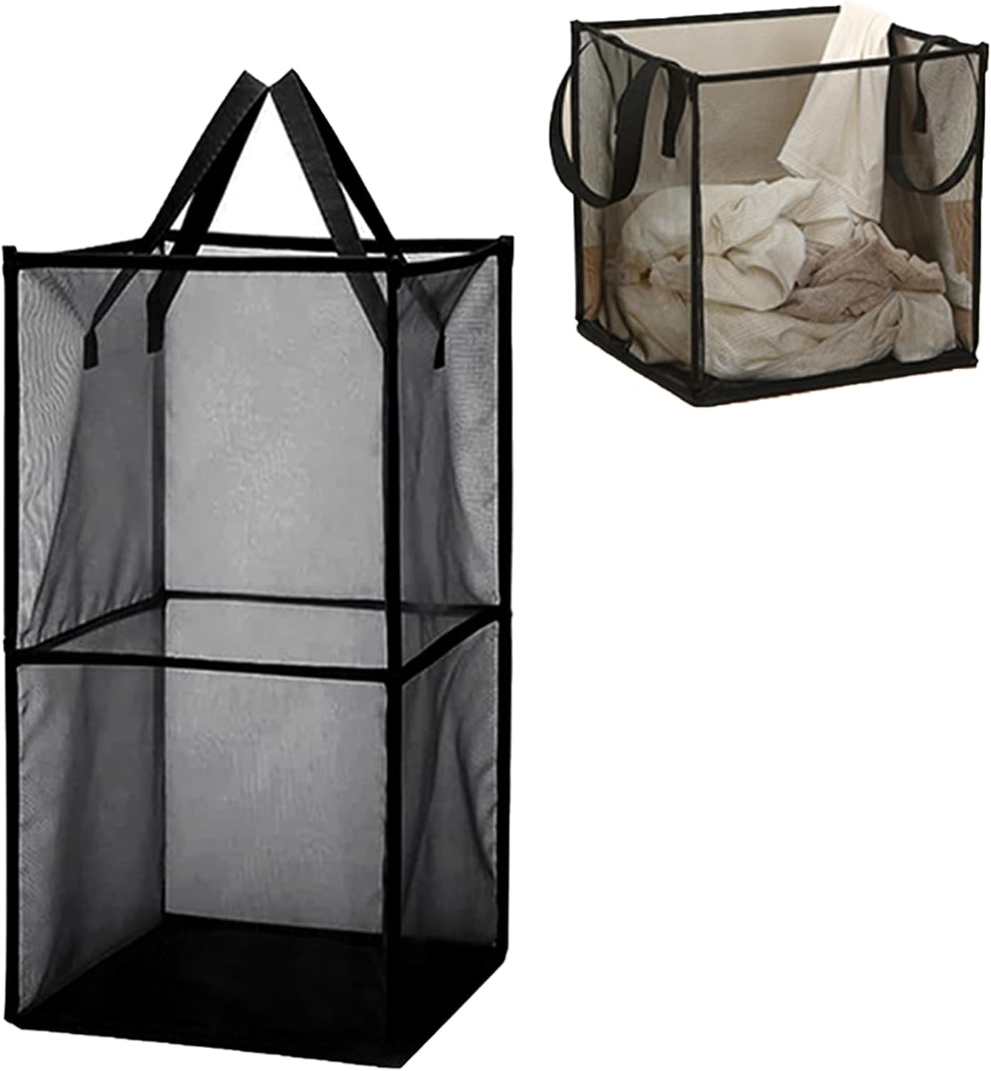 Qivine 2Pcs Collapsible Laundry Baskets, Black Pop up Laundry Basket, Mesh Laundry Hamper, Breathable Dirty Clothes Basket with Handles for Bathroom College Dorm (1 Single Layer and 1 Double Layer) - Amazing Gadgets Outlet