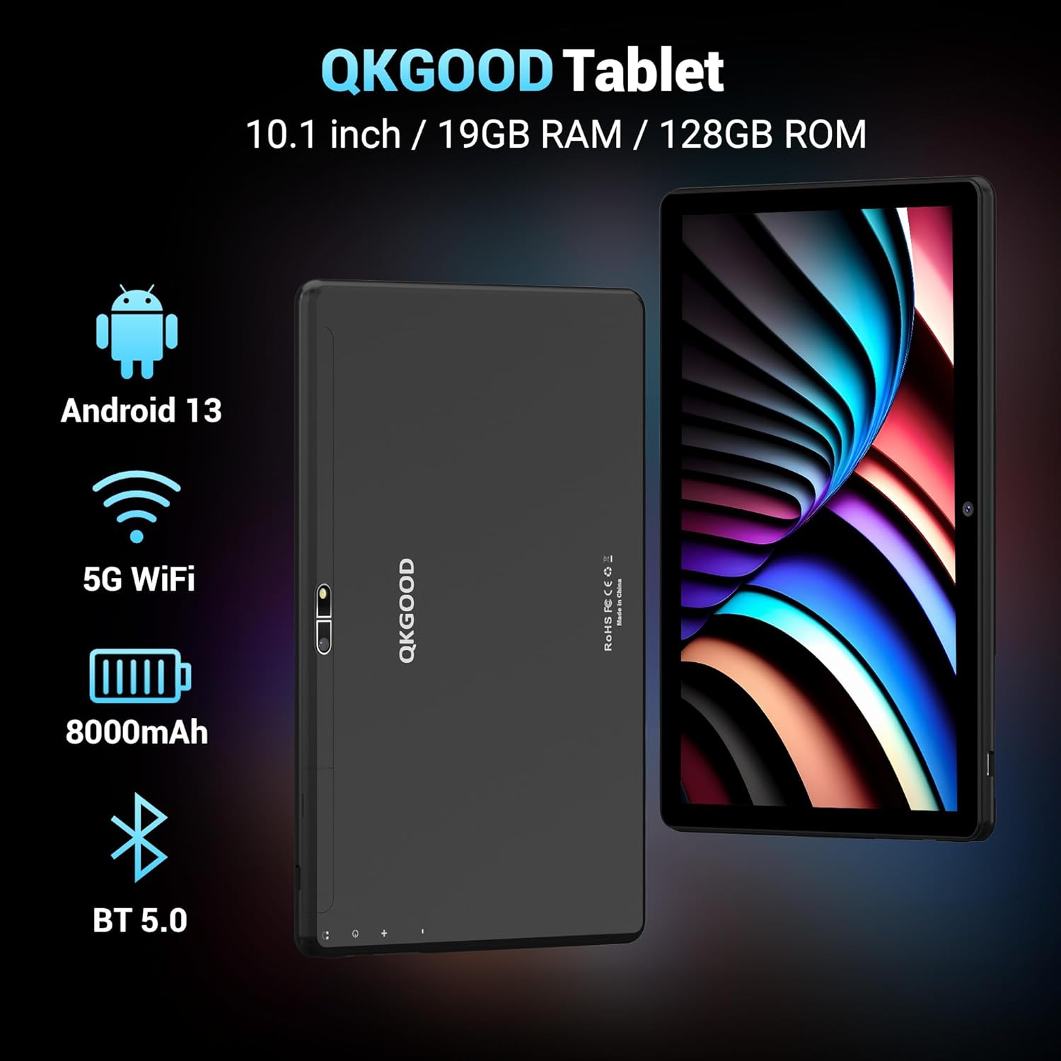 QKGOOD Tablet 10 inch Android 13 Tablet PC 19GB RAM+128GB ROM,tablet 5G WiFi,BT5.0,8000mAh,tablet with mouse and keyboard,black - Amazing Gadgets Outlet