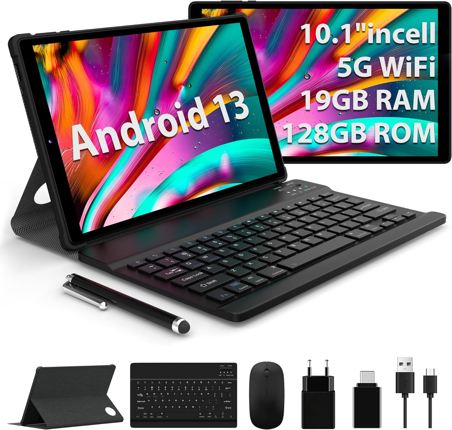 QKGOOD Tablet 10 inch Android 13 Tablet PC 19GB RAM+128GB ROM,tablet 5G WiFi,BT5.0,8000mAh,tablet with mouse and keyboard,black - Amazing Gadgets Outlet