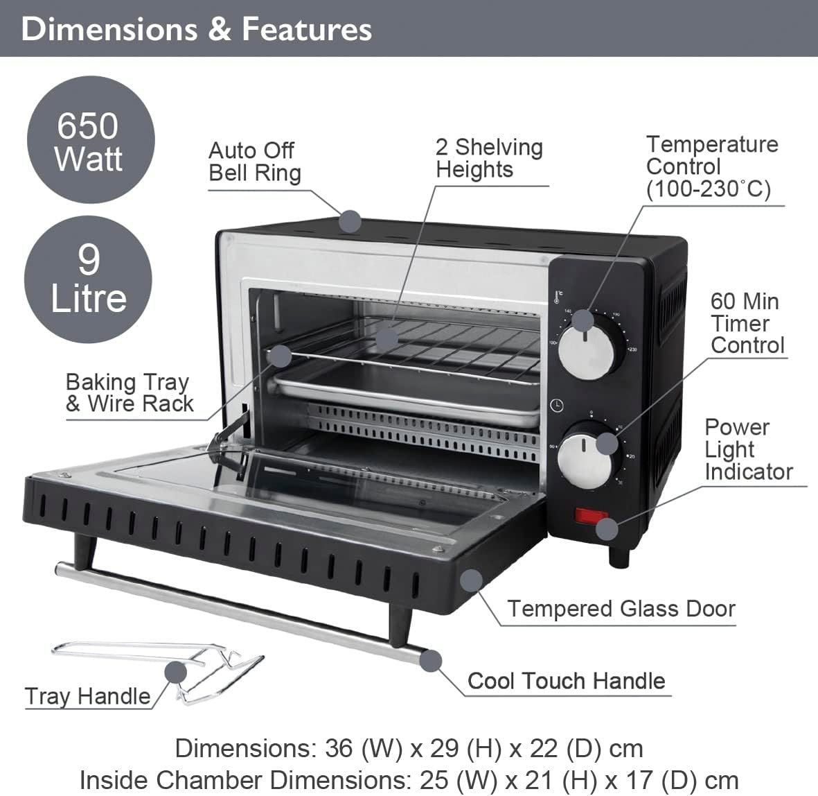 Quest 35409 Compact 9L Mini Oven/Temperature Controlled from 100 - 230° / 60 Minute Timer with Auto Shut Off / 650W / Tempered Glass Door / 36.5 cm x 28.5 cm x 22.1 cm, Black - Amazing Gadgets Outlet