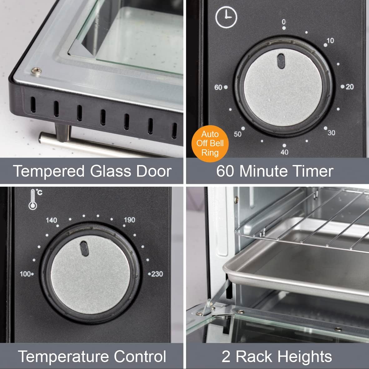 Quest 35409 Compact 9L Mini Oven/Temperature Controlled from 100 - 230° / 60 Minute Timer with Auto Shut Off / 650W / Tempered Glass Door / 36.5 cm x 28.5 cm x 22.1 cm, Black - Amazing Gadgets Outlet