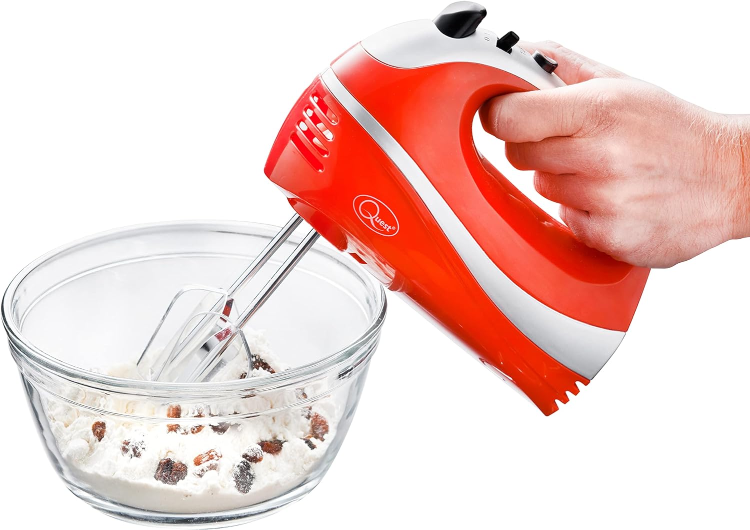 Quest 35820 Electric Hand Mixer / Complete With Chrome Beaters, Dough Hooks & Balloon Whisk / 5 Speed With Turbo Function / 300W / Red Colour - Amazing Gadgets Outlet
