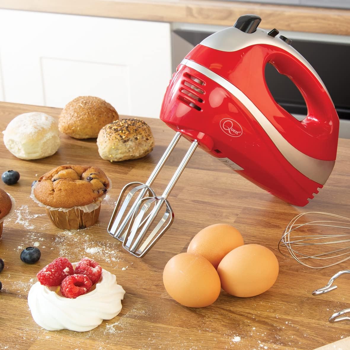 Quest 35820 Electric Hand Mixer / Complete With Chrome Beaters, Dough Hooks & Balloon Whisk / 5 Speed With Turbo Function / 300W / Red Colour - Amazing Gadgets Outlet