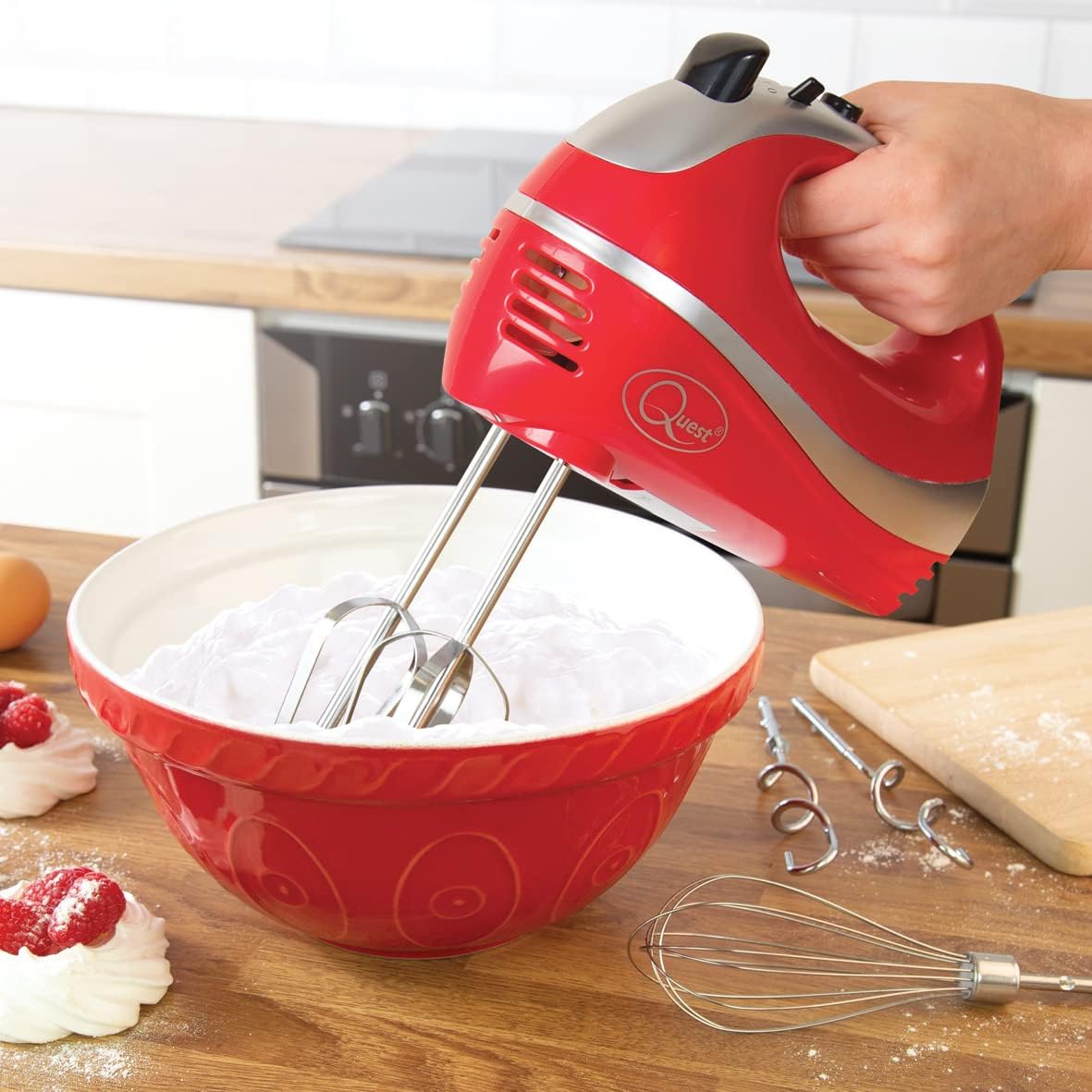 Quest 35820 Electric Hand Mixer / Complete With Chrome Beaters, Dough Hooks & Balloon Whisk / 5 Speed With Turbo Function / 300W / Red Colour - Amazing Gadgets Outlet