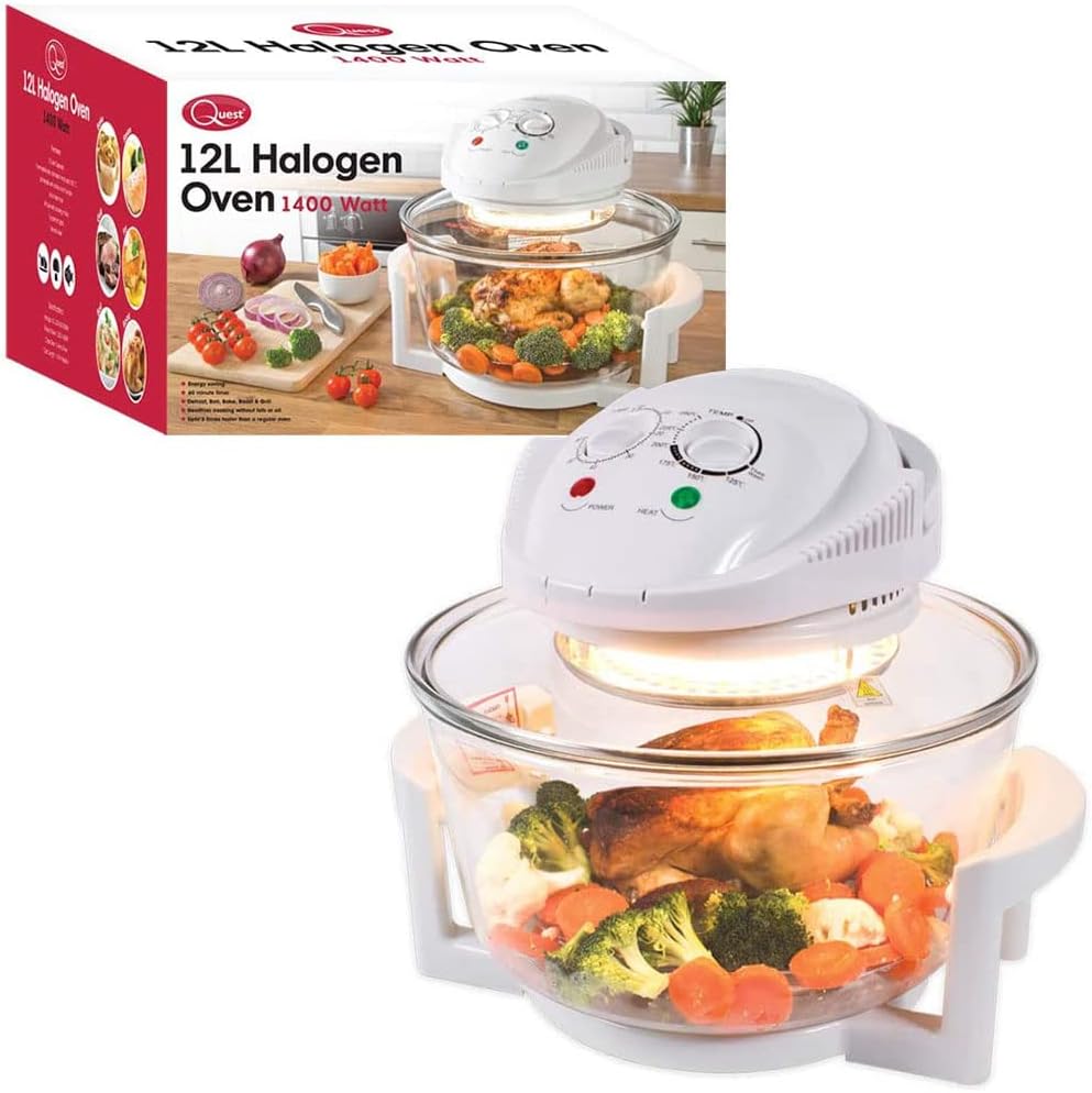 Quest 43890 12 Litre Halogen Oven/Low Fat, Multi - Function Oven/Toughened Glass Material/Healthy Air Cooking/Self - Cleaning Mode / 60 Minute Timer / 1400W - Amazing Gadgets Outlet