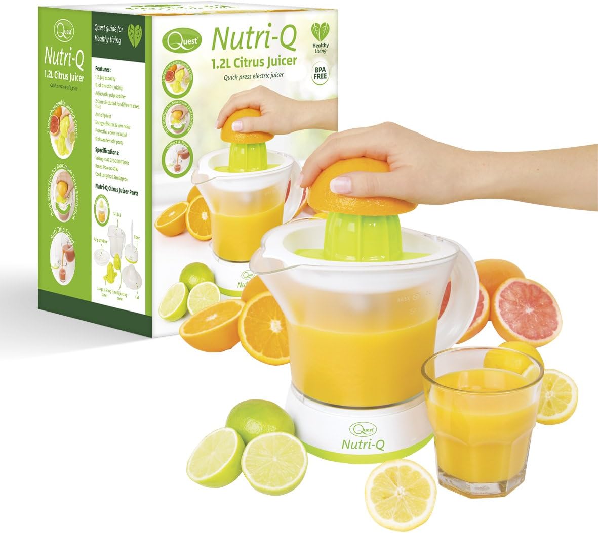 Quest Nutri - Q 34210 Quick Press Electric Citrus Juicer / 2 Different Cone Sizes / 1.2L Jug / Adjustable Pulp Strainer / Dual Direction Juicing / Low Noise / Dishwasher Safe Parts - Amazing Gadgets Outlet