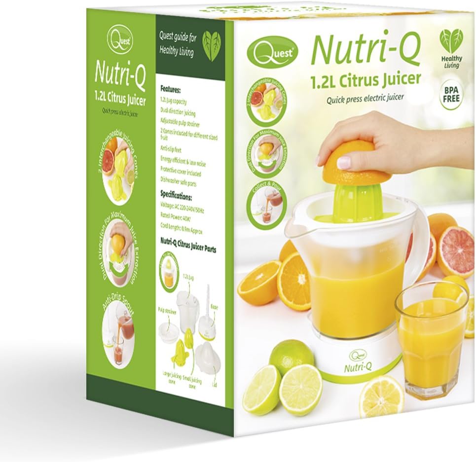 Quest Nutri - Q 34210 Quick Press Electric Citrus Juicer / 2 Different Cone Sizes / 1.2L Jug / Adjustable Pulp Strainer / Dual Direction Juicing / Low Noise / Dishwasher Safe Parts - Amazing Gadgets Outlet