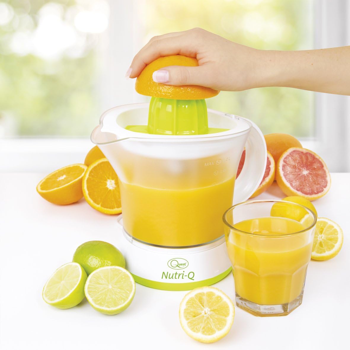 Quest Nutri - Q 34210 Quick Press Electric Citrus Juicer / 2 Different Cone Sizes / 1.2L Jug / Adjustable Pulp Strainer / Dual Direction Juicing / Low Noise / Dishwasher Safe Parts - Amazing Gadgets Outlet