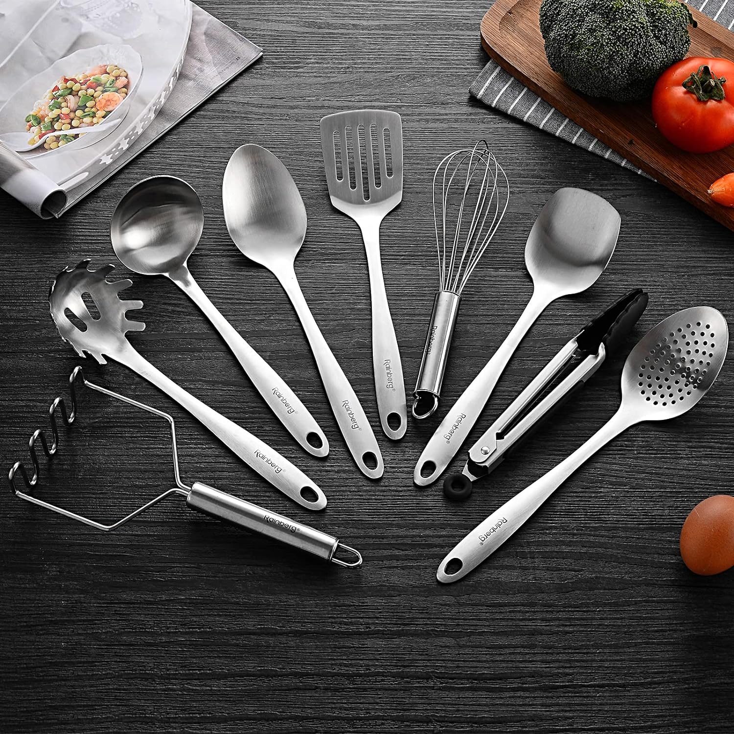 Rainberg 10 - Piece Stainless Steel Kitchen Utensil Set Non - Stick, Heat Resistant Cooking Utensils Set and Holder, Tongs, Turner, Server, Ladle, Spoons, Whisk, Masher - Sleek Kitchen Tools Set - Amazing Gadgets Outlet