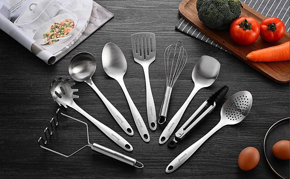 Rainberg 10 - Piece Stainless Steel Kitchen Utensil Set Non - Stick, Heat Resistant Cooking Utensils Set and Holder, Tongs, Turner, Server, Ladle, Spoons, Whisk, Masher - Sleek Kitchen Tools Set - Amazing Gadgets Outlet