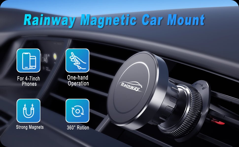 Rainway Car Phone Holder, Upgrade Hook Magnetic Phone Car Mount with 6 N52 Magnets, [360° Rotation] Air Vent Universal Mobile Phone Holder for Car Accessories, Compatible with iPhone, Samsung, etc. - Amazing Gadgets Outlet