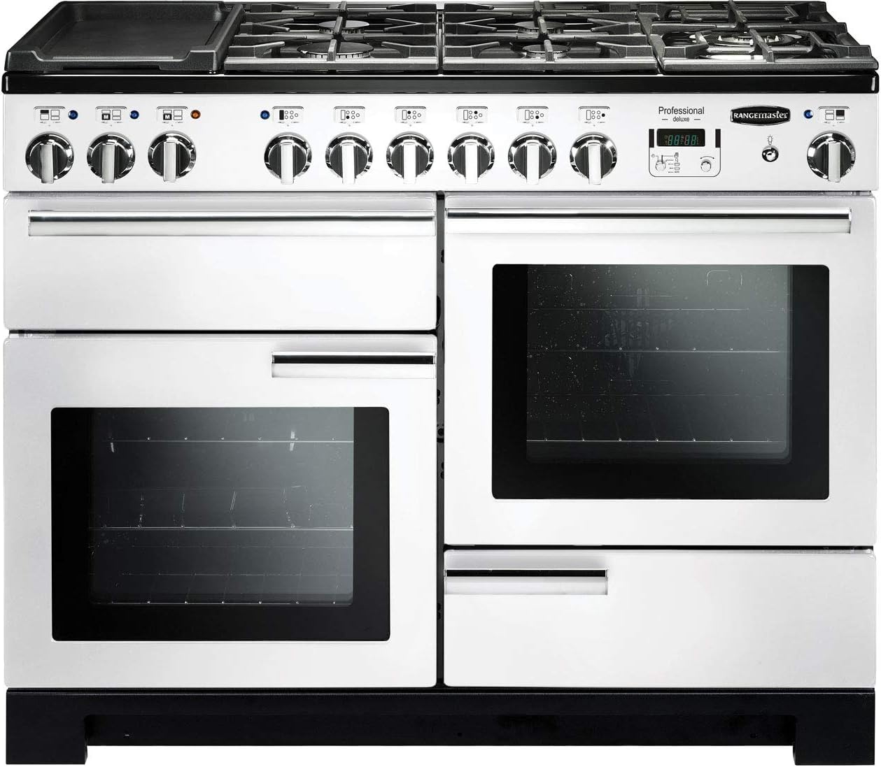 Rangemaster PDL110DFFWH/C Professional Deluxe White with Chrome Trim 110cm Dual Fuel Range Cooker - Amazing Gadgets Outlet