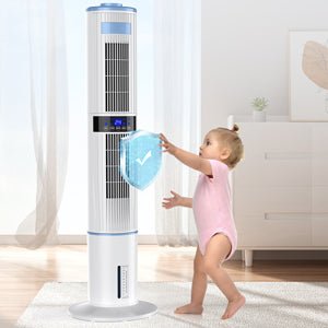 Raofuo Evaporative Air Cooler, 65W Tower Fan Air Conditioner 60° Automatic 360° Manual Oscillation 1 - 24H Timer 3 Speed 4 Mode 8m/s Wind w/ 4 Ice Box Remote Control Cooler for Home/Bedroom/Office - Amazing Gadgets Outlet