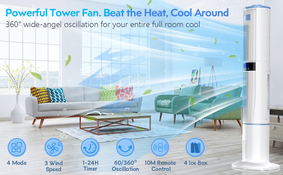 Raofuo Evaporative Air Cooler, 65W Tower Fan Air Conditioner 60° Automatic 360° Manual Oscillation 1 - 24H Timer 3 Speed 4 Mode 8m/s Wind w/ 4 Ice Box Remote Control Cooler for Home/Bedroom/Office - Amazing Gadgets Outlet