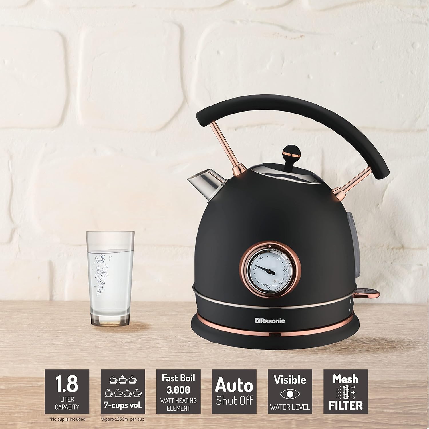 Rasonic Classic Retro Electric Kettle 1.8L Stainless Steel, 3KW Fast Quiet Boiling, Temperature Gauge, LED Light, Auto Shut - Off, Home Kitchen, Office, Luxurious Hotel (Matt Finish Black and Rose Gold) - Amazing Gadgets Outlet