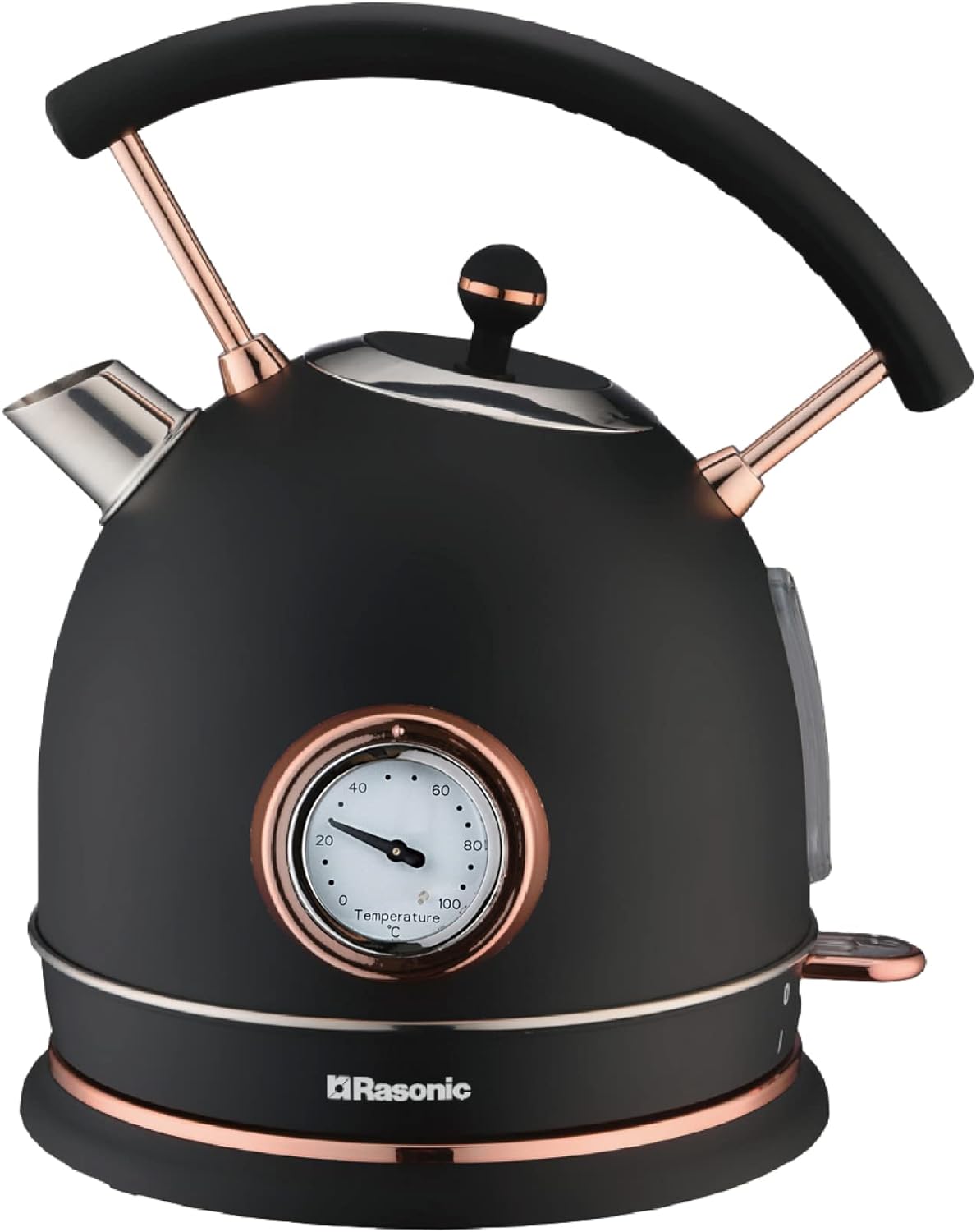 Rasonic Classic Retro Electric Kettle 1.8L Stainless Steel, 3KW Fast Quiet Boiling, Temperature Gauge, LED Light, Auto Shut - Off, Home Kitchen, Office, Luxurious Hotel (Matt Finish Black and Rose Gold) - Amazing Gadgets Outlet
