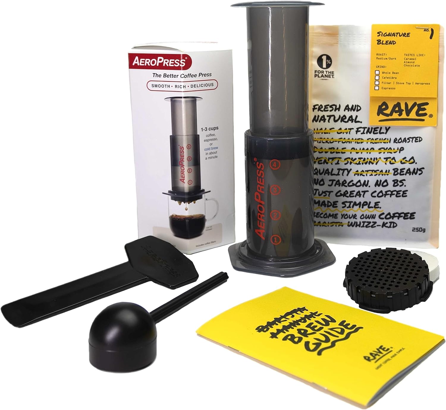 Rave Coffee AeroPress Gift Set with AeroPress Coffee Maker, Delicious 250g Rave Signature Blend Ground Coffee & Brewing Guide - Amazing Gadgets Outlet